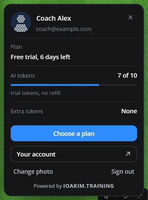 The account window: Coach Alex, his email, Plan free trial 6 days left, AI tokens 7 of 10, Extra tokens none, Choose a plan, Your account, Change photo, Sign out
