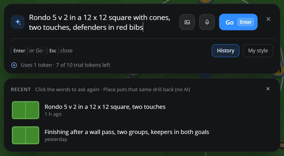 The AI box with the History open under it, listing two recent requests with a small pitch for each and how long ago