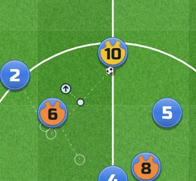 The ball's faint line from player 2 to player 10, with a dot in its middle to bend it and a small arrow to lift it into the air