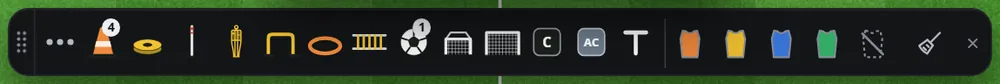 The Equipment bar at the foot of the board: the More button, cone, marker, pole, mannequin, hurdle, ring, ladder, ball, mini goal, goal, coach, assistant coach, text, four bibs, take the bib off and clear equipment