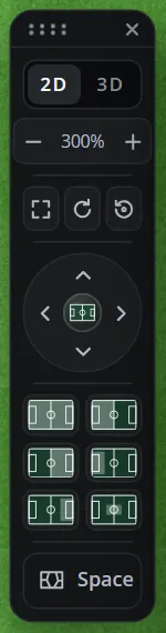 The View card: 2D and 3D, zoom, whole pitch, turn a quarter, reset, the lean and turn arrows, six ready views of parts of the pitch, and Space