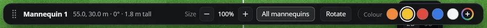 The bar of a picked mannequin: its place, the size in percent, All mannequins, Rotate, and the colour dots