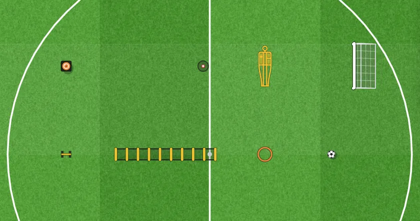 Equipment on the pitch at real size: cones, a marker, a pole, a mannequin, a mini goal, a hurdle, a ladder, a ring and a ball