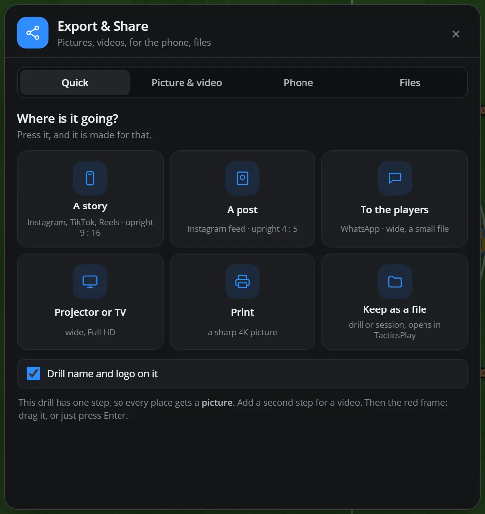 The Export and Share window on the Quick tab: where is it going? A story, A post, To the players, Projector or TV, Print, Keep as a file, and Drill name and logo on it