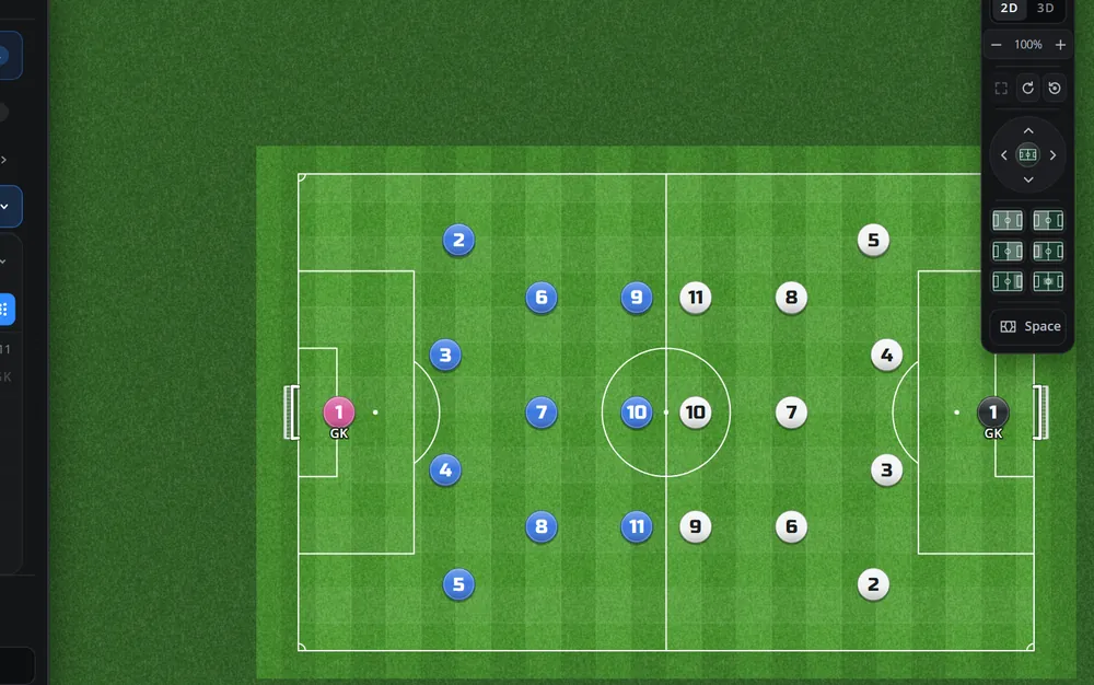 Both teams placed on a full pitch in a 4-3-3, my team in blue and the opponents in white