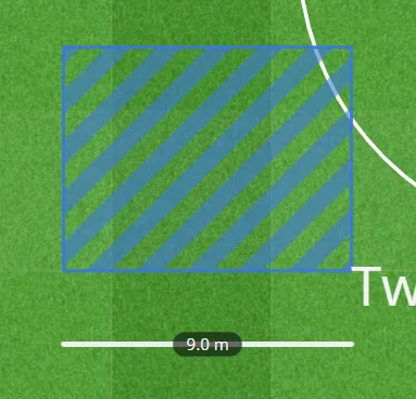 A blue area with diagonal stripes and a white line with its length, 9.0 m, painted on the grass