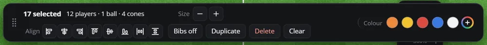 The bar of a group: 17 selected, align buttons, Bibs off, Duplicate, Delete and Clear, and the colour dots