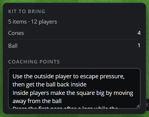 The Kit to bring window: 5 items, 12 players, 4 cones and 1 ball, and the coaching points of the drill