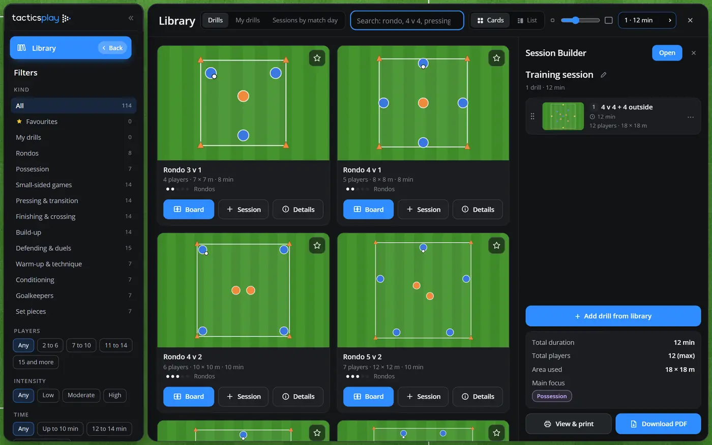 The Library window: filters on the left, drill cards with pictures in the middle, and the Session Builder on the right