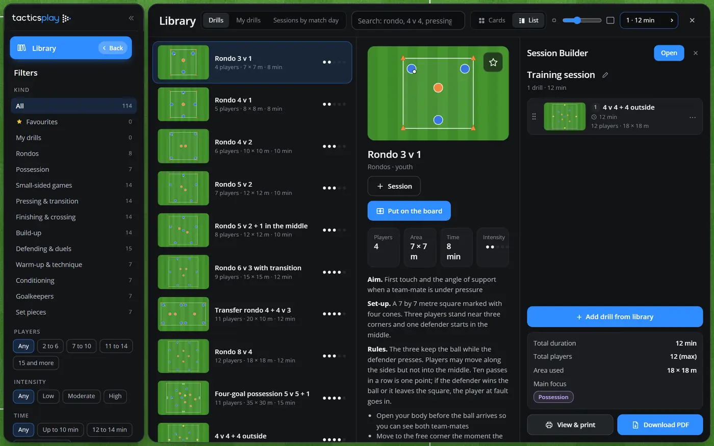 The Library in List view: drills in rows on the left and the picked drill shown large with its players, area, time, intensity, aim, set-up and rules