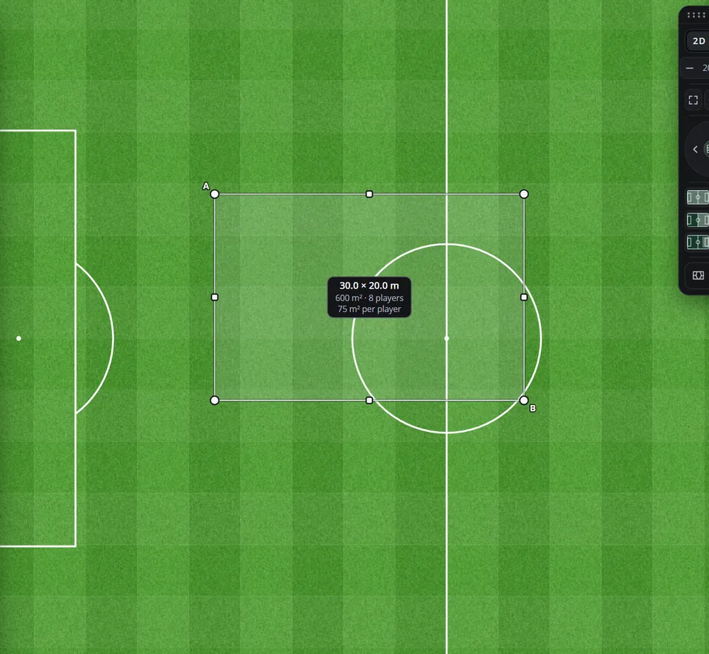 A 30 by 20 metre rectangle on the pitch: 600 square metres, 8 players, 75 square metres per player
