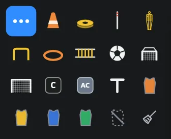More equipment: pop-up mini goal, rebounder, tall cone, numbered cone, corner flag, flat marker line, hurdle poles, speed sledge, medicine ball, training band, gym mat, football tennis net, tactics board, water station and stopwatch