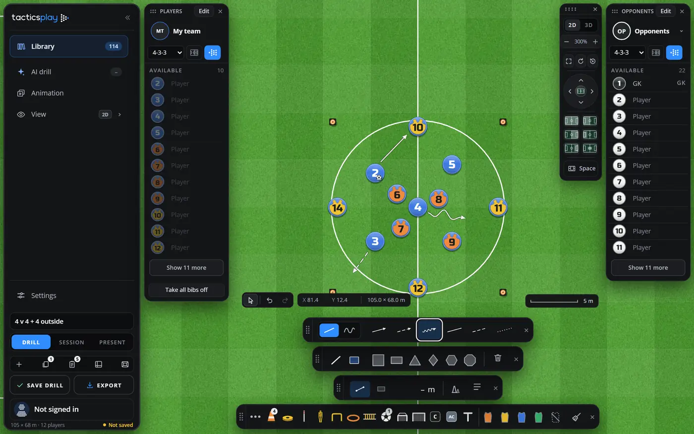 The TacticsPlay app: the sidebar on the left, the Players and Opponents cards, a 4 v 4 + 4 rondo on the pitch and the tool bars at the foot