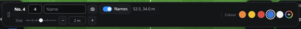The bar of a picked player: his number, a name box, the photo button, the Names switch, his place on the pitch, size, and the colour dots