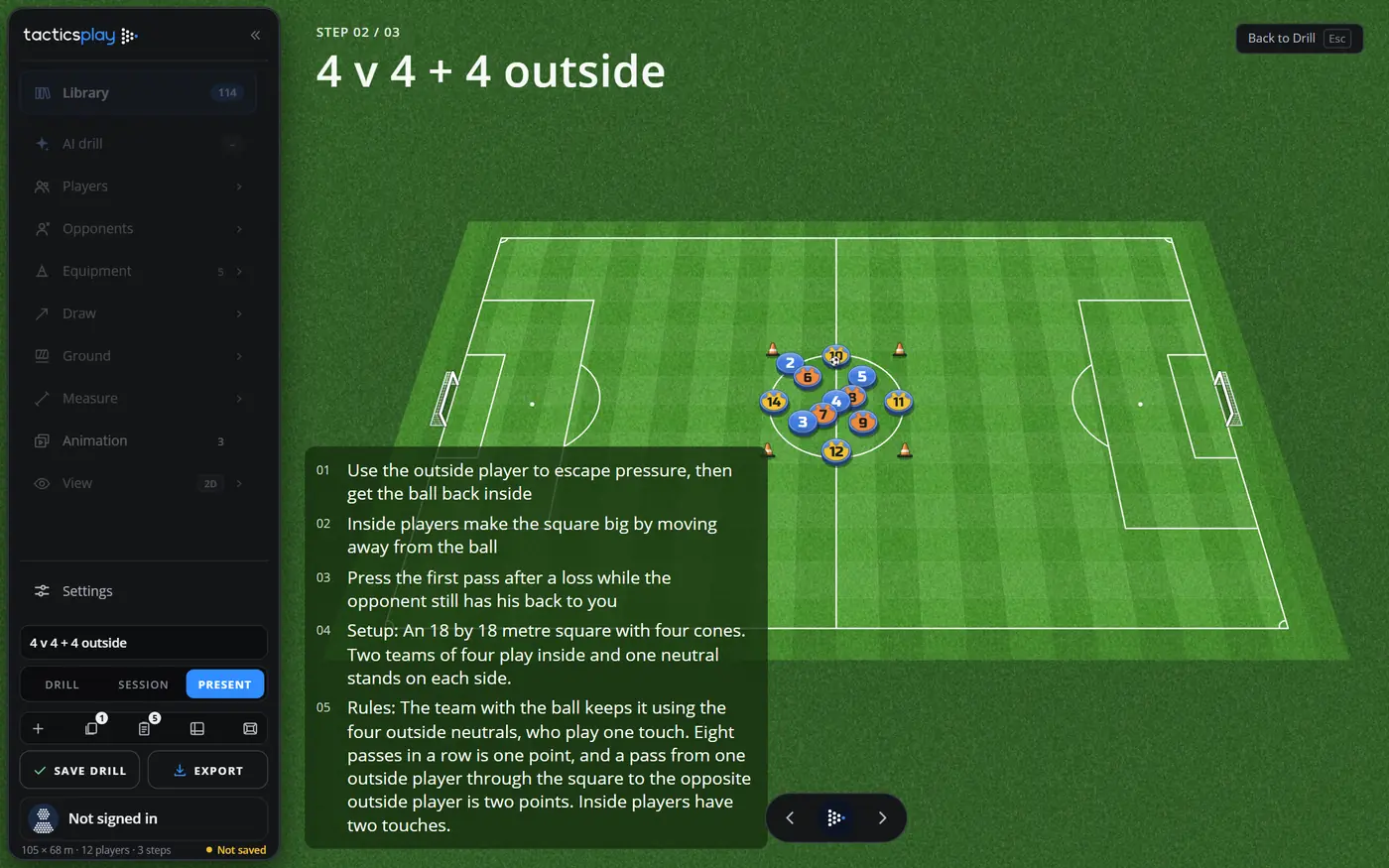 Present mode: the drill name at the top, the pitch leaning in 3D with the drill, the coaching points in a box and the play controls