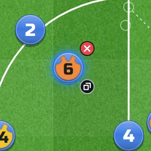 Player 6 picked in a step: his faint run from where he was, with a small dot in its middle to bend it, and the distance 4 m