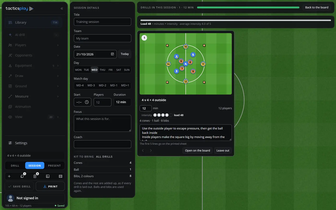 The Session page: session details on the left (title, team, date, day, match day, start, players, duration, focus, coach, kit to bring) and the drills with their pictures, minutes, intensity, load and coaching points