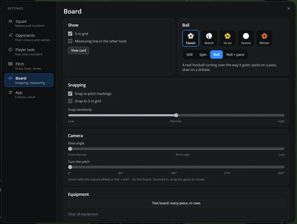 Settings, Board: the 5 metre grid, measuring line, View card, the ball look and how it moves, snapping to pitch markings and the grid with its sensitivity, camera view angle and turn, and the test board