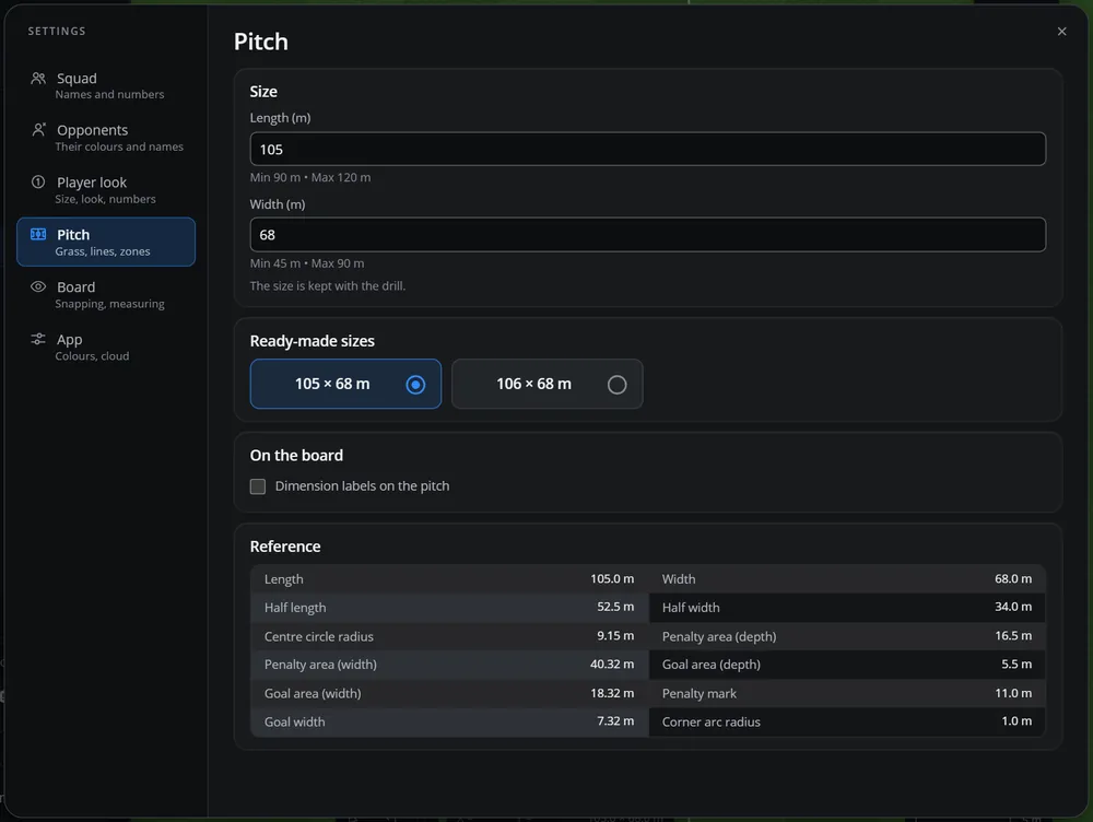 Settings, Pitch: length 105 and width 68 metres, ready sizes 105 by 68 and 106 by 68, dimension labels and a reference table of the pitch markings