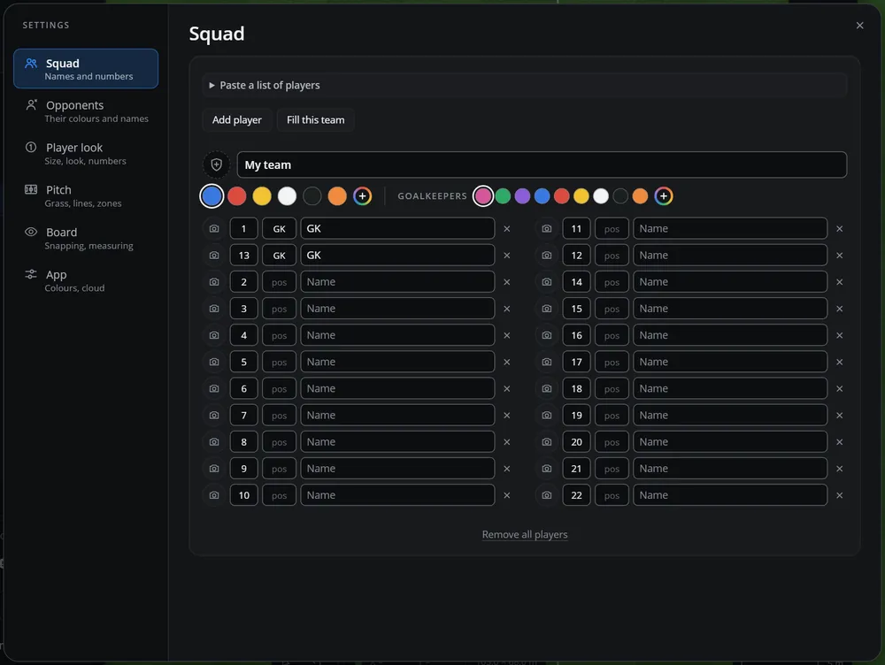 Settings, Squad: paste a list of players, Add player, Fill this team, the team name, the team and goalkeeper colours, and rows of number, position and name for 22 players