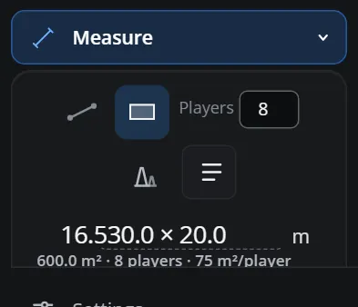 The Measure section with the rectangle picked, Players 8, and the size 16.5 by 0.0 metres