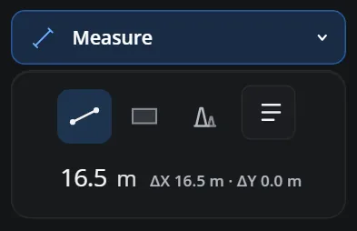 The Measure section: line, rectangle, Cones on A and B, Presets and the distance