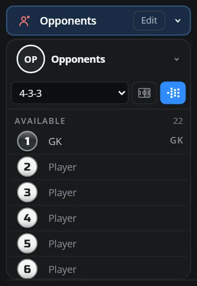 The Opponents section: the opponent team badge, the formation menu and the list of available opponents