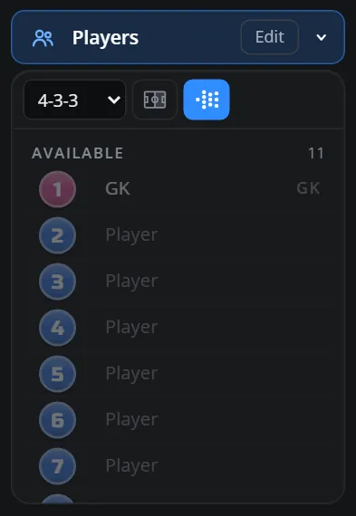 The Players section of the sidebar: the formation menu, the one-half and put-on-pitch buttons, and the list of available players