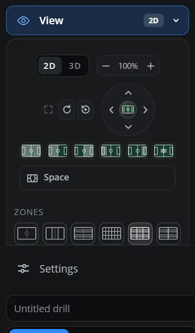 The View section of the sidebar with 2D and 3D, zoom, the view controls, Space and the six Zones buttons