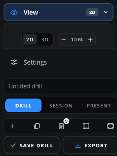 The View section of the sidebar: 2D and 3D, zoom, turning, ready views and Space
