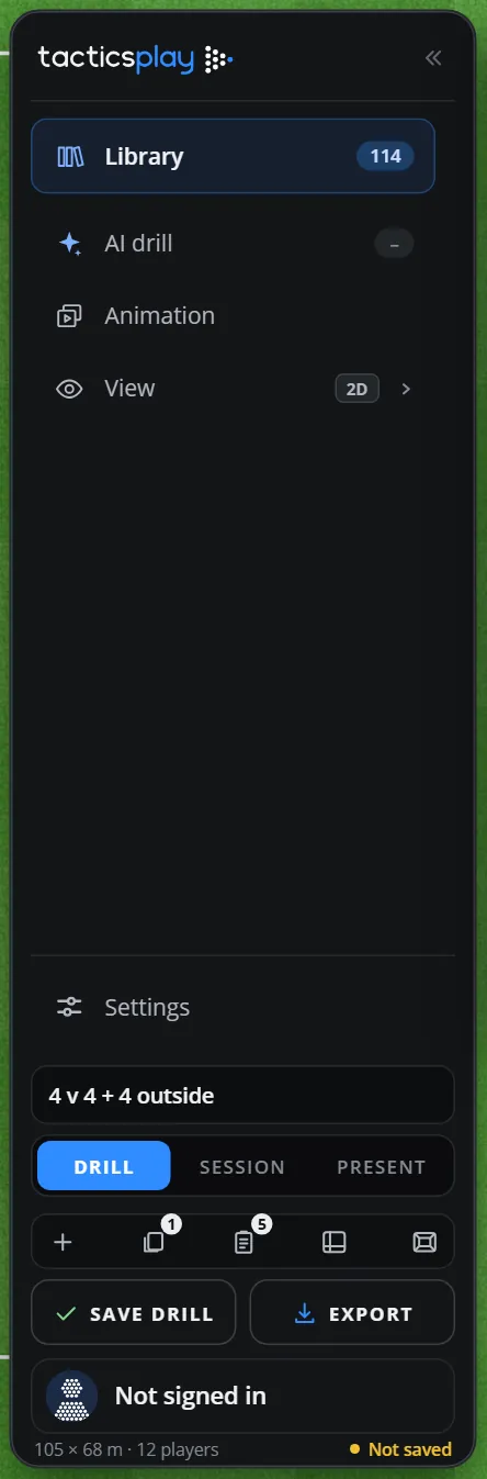 The TacticsPlay sidebar: Library, AI drill, Animation and View, then Settings, the drill name, the Drill, Session and Present switch, the small buttons, Save drill, Export and the account