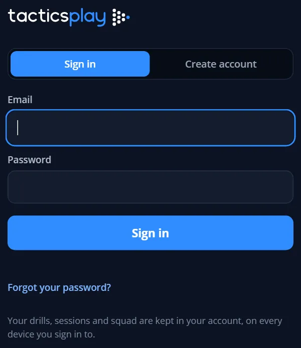 The TacticsPlay sign-in screen with the Sign in and Create account tabs, the email and password boxes and Forgot your password
