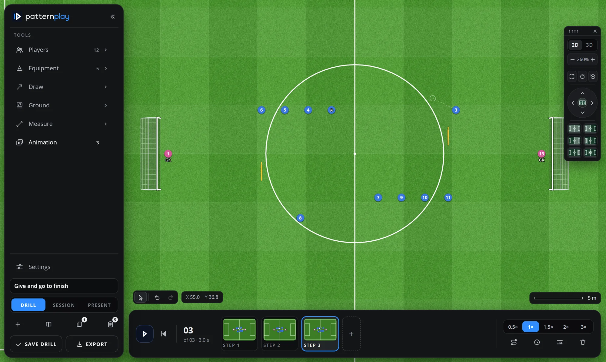The animation strip at the foot of the board: play, three steps as small pictures, and the speed switch