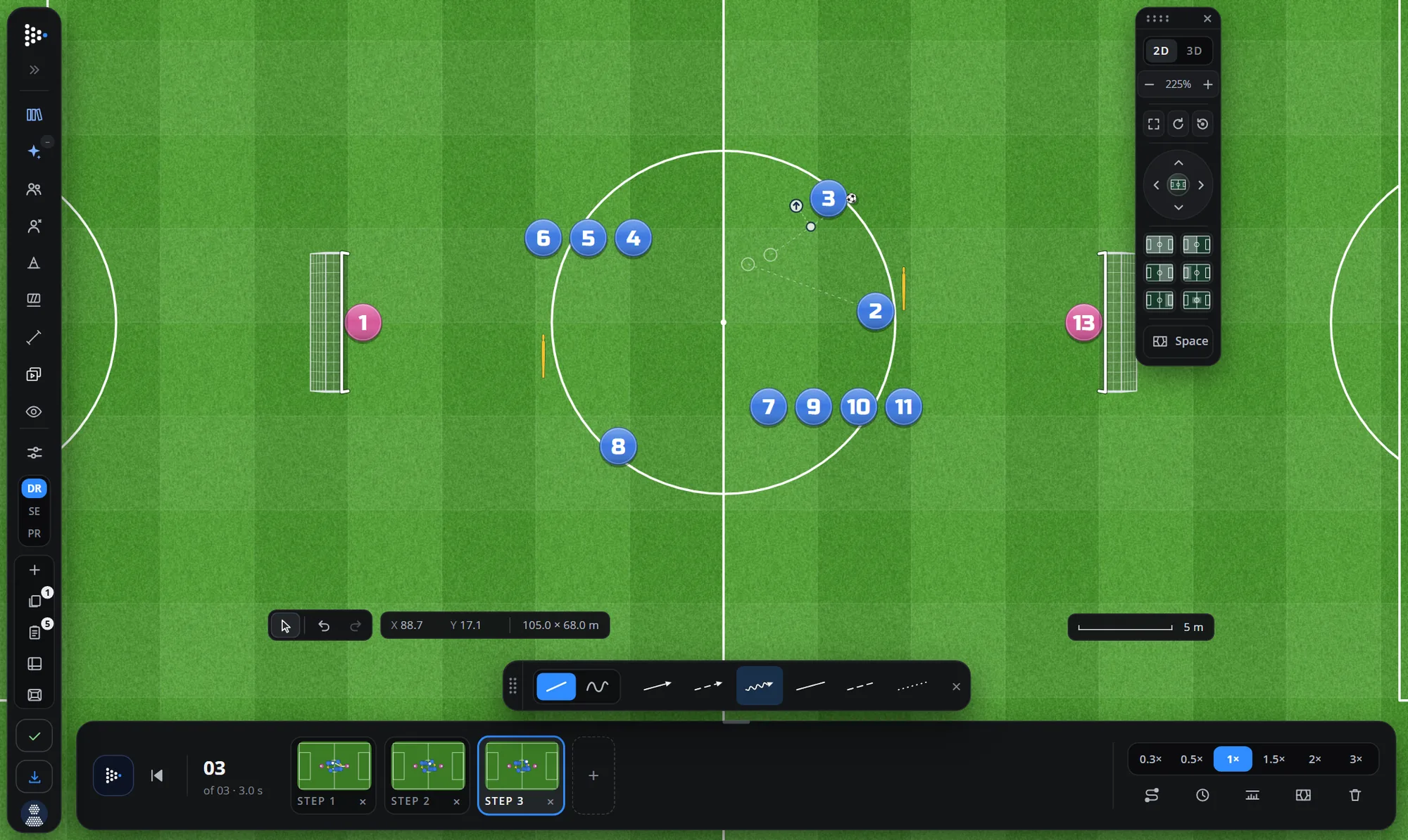 The drill animation strip at the foot of the board: play, three steps as small pictures, and the speed switch