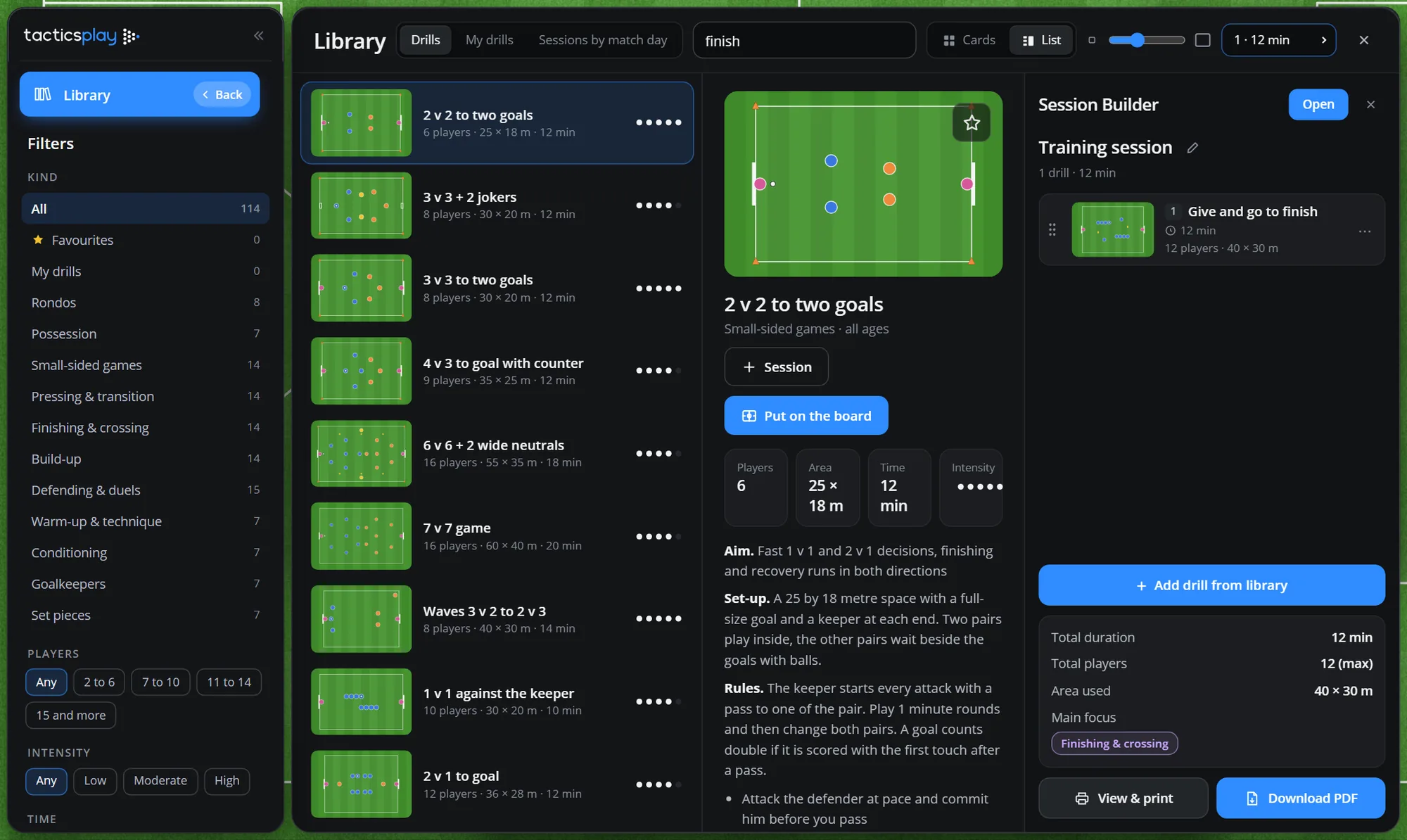 The drill library: search, categories, and rows of football drills with Put on the board