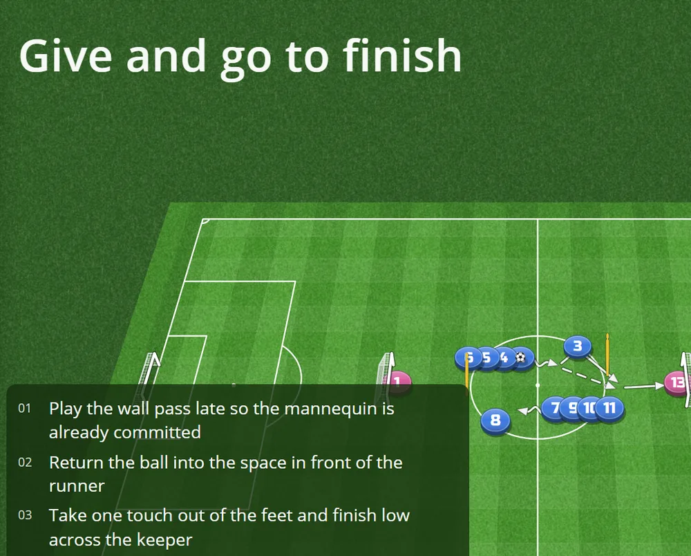 Present mode: the drill title and the numbered coaching points beside the pitch