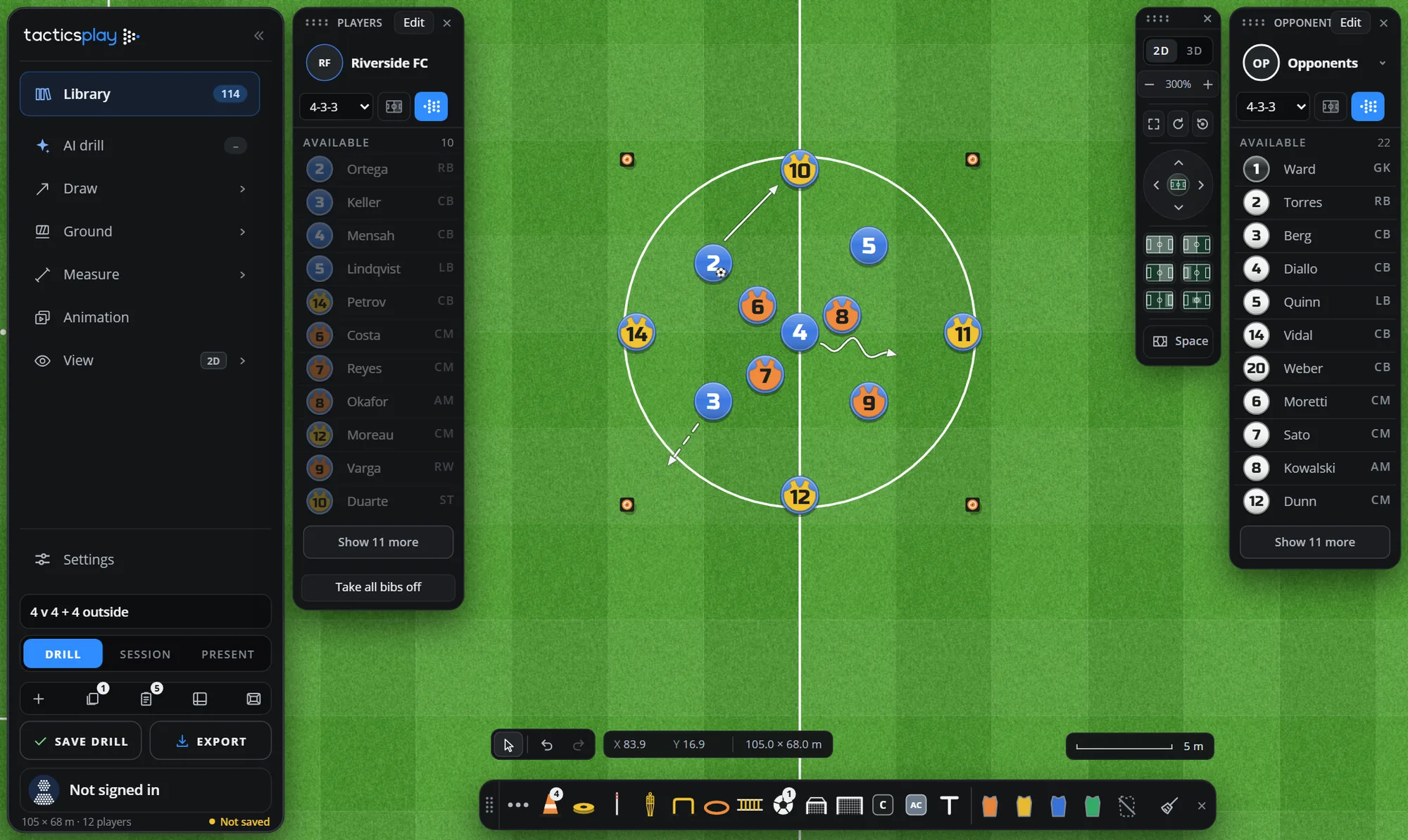 A 4 v 4 + 4 rondo possession drill on an 18 × 18 m area marked with discs, players in three colours