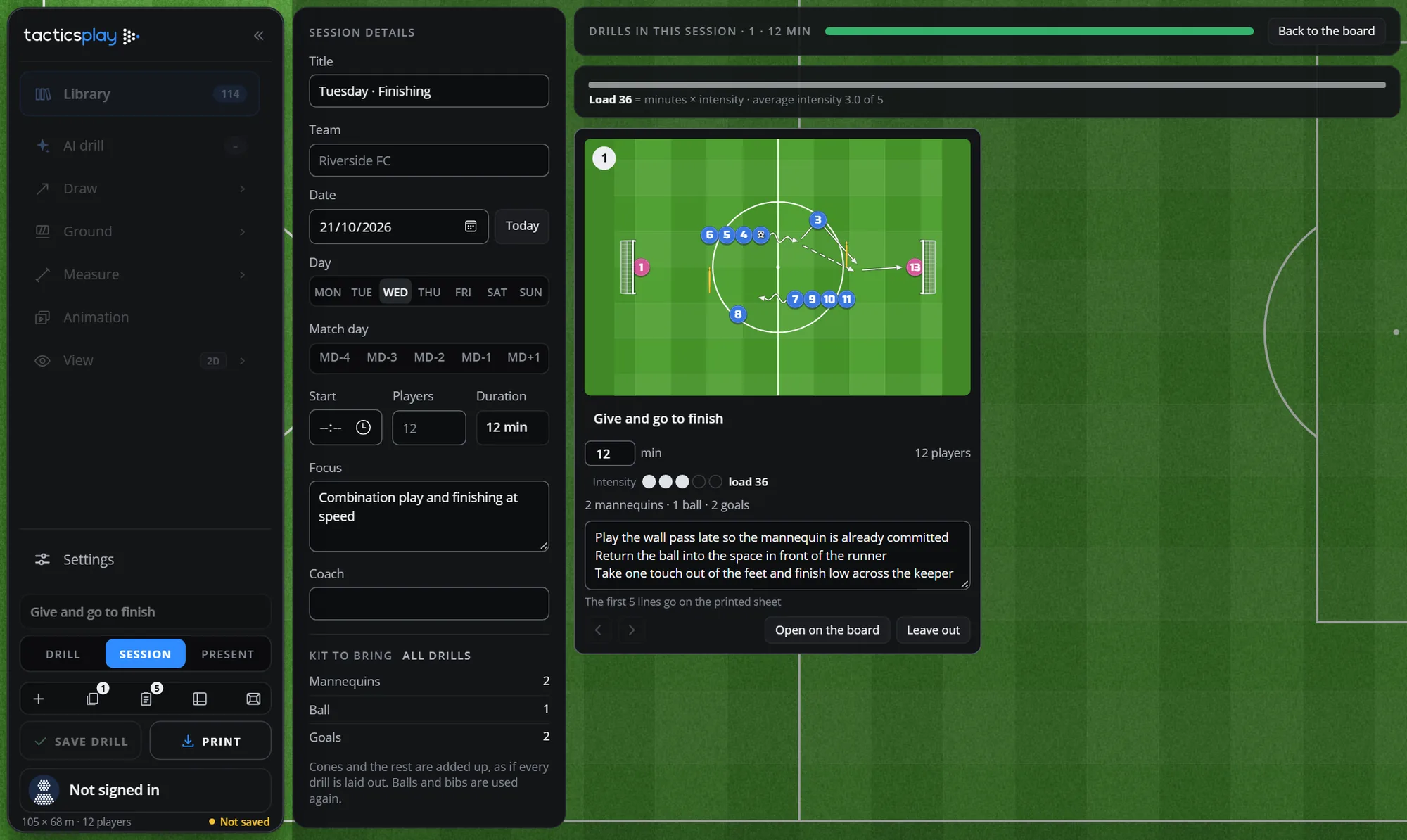 The training session planner: title, team, date, match day, start, players and duration on the left; the drill card with its picture, minutes, intensity and coaching points; the kit to bring