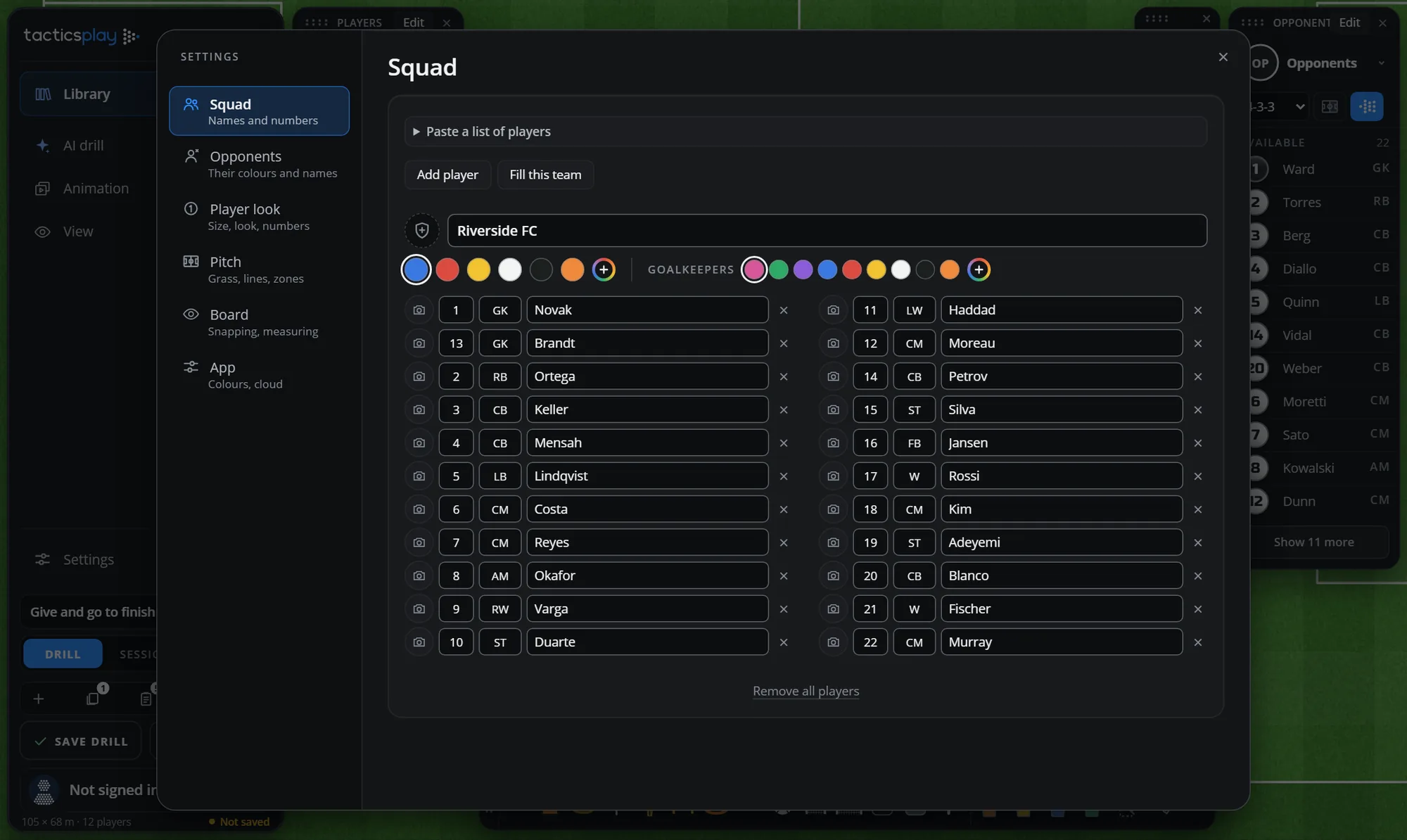 The Squad settings: team name and colours, goalkeeper colours, and twenty-two players with numbers, positions and names in two columns