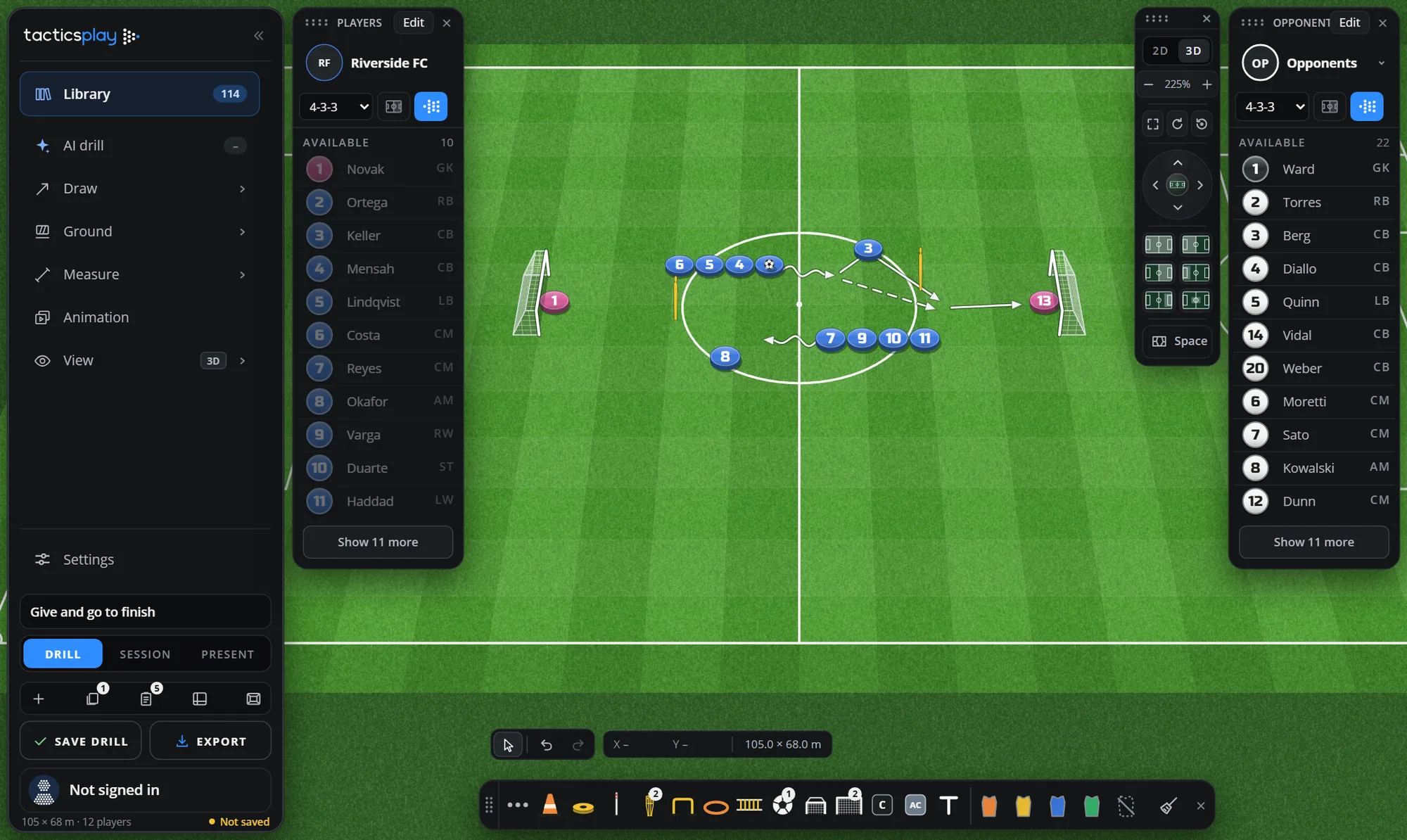 The same finishing drill in the 3D view, the pitch seen at an angle with the goals standing up